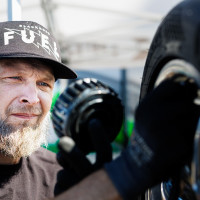 Pre-race tire check.